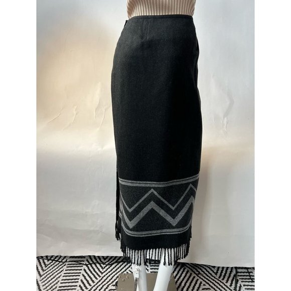 Nine & Co Womens Wrap Skirt Black Gray Chevron Long Maxi Fringe Wool Blend 10 - Picture 10 of 12